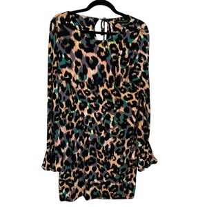 Cynthia Steffe Women’s Long Ruffle Sleeve Leopar Print Scoop Neck Dress Sz L GUC